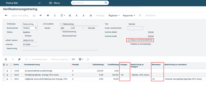 En bild som visar ett bokfört verifikat i Visma Net