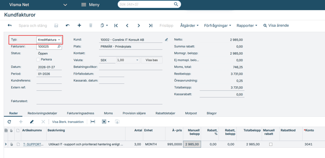 Bild som visar en manuell kreditnota i Visma Net
