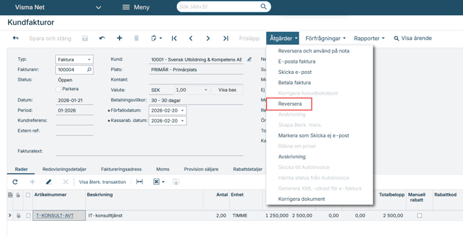 Bild som visar åtgärden Reversera i Visma Net
