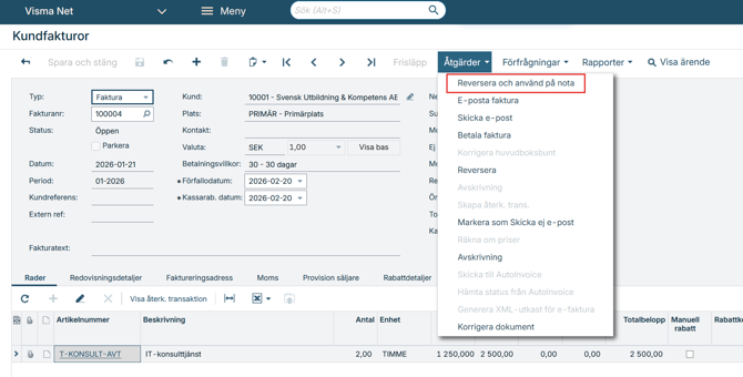 Skärmbild som visar Reversera och använd på nota