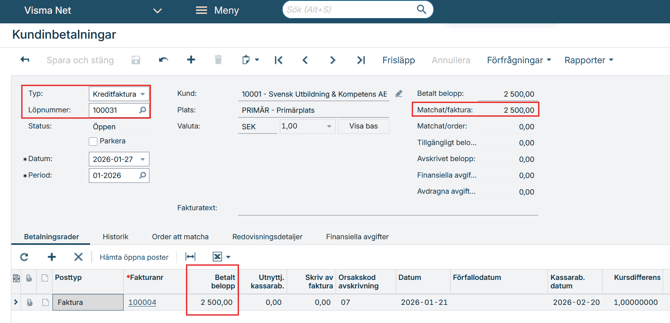 Skärmbild som visar matching av kredit mot faktura