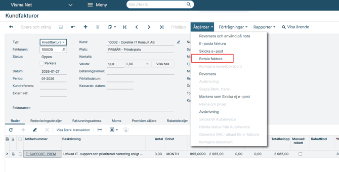 Kreditfaktura med Betala faktura markerad